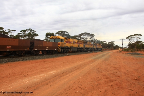 100605 9326
Binduli Triangle, trailing view of triple AC class locomotives powering away towards Esperance with WOE type iron ore waggon WOE 33239 is one of a batch of twenty seven built by Goninan WA between September and October 2002 with serial number 950103-006 and fleet number 738 for Koolyanobbing iron ore operations and 125 other waggons behind their draw gear, June 5, 2010.
Keywords: WOE-type;WOE33239;Goninan-WA;950103-006;