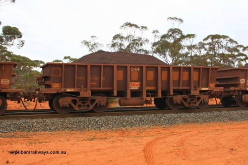 100605 9329
WOD type iron ore waggon WOD 31481 is one of a batch of sixty two built by Goninan WA between April and August 2000 with serial number 950086-053 and fleet number 542 for Koolyanobbing iron ore operations with a 75 ton capacity for Portman Mining to cart their Koolyanobbing iron ore to Esperance, now with PORTMAN painted out, Binduli Triangle, loaded with fines, June 5, 2010.
Keywords: WOD-type;WOD31481;Goninan-WA;950086-053;