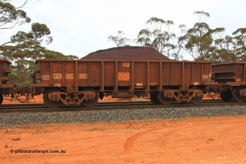 100605 9330
WO type iron ore waggon WO 31293 is one of a batch of fifteen built by WAGR Midland Workshops between July and October 1968 with fleet number 172 for Koolyanobbing iron ore operations, with a 75 ton and 1018 ft³ capacity, Binduli Triangle, loaded with fines, June 5, 2010.
Keywords: WO-type;WO31293;WAGR-Midland-WS;