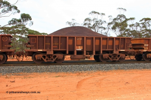 100605 9335
WOD type iron ore waggon WOD 31455 is one of a batch of sixty two built by Goninan WA between April and August 2000 with serial number 950086-027 and fleet number 518 for Koolyanobbing iron ore operations with a 75 ton capacity for Portman Mining to cart their Koolyanobbing iron ore to Esperance, now with PORTMAN painted out, Binduli Triangle, loaded with fines, June 5, 2010.
Keywords: WOD-type;WOD31455;Goninan-WA;950086-027;