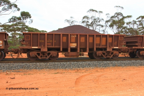 100605 9336
WOD type iron ore waggon WOD 31465 is one of a batch of sixty two built by Goninan WA between April and August 2000 with serial number 950086-037 and fleet number 528 for Koolyanobbing iron ore operations with a 75 ton capacity for Portman Mining to cart their Koolyanobbing iron ore to Esperance, now with PORTMAN painted out, Binduli Triangle, loaded with fines, June 5, 2010.
Keywords: WOD-type;WOD31465;Goninan-WA;950086-037;