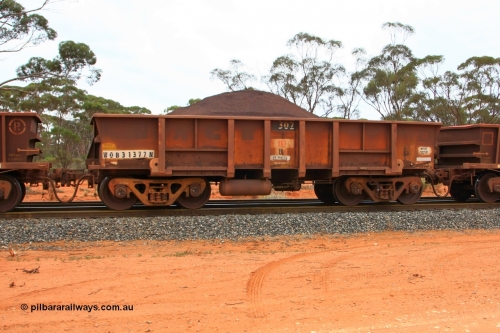 100605 9337
WOB type iron ore waggon WOB 31377 is one of a batch of twenty five built by Comeng WA between 1974 and 1975 and converted from Mt Newman high sided waggons by WAGR Midland Workshops with a capacity of 67 tons with fleet number 302 for Koolyanobbing iron ore operations, loaded with fines, West Kalgoorlie June 2, 2010.
Keywords: WOB-type;WOB31377;Comeng-WA;Mt-Newman-Mining;