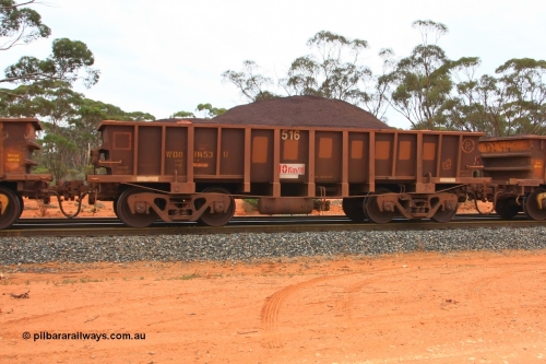 100605 9340
WOD type iron ore waggon WOD 31453 is one of a batch of sixty two built by Goninan WA between April and August 2000 with serial number 950086-025 and fleet number 516 for Koolyanobbing iron ore operations with a 75 ton capacity for Portman Mining to cart their Koolyanobbing iron ore to Esperance, now with PORTMAN painted out, Binduli Triangle, loaded with fines, June 5, 2010.
Keywords: WOD-type;WOD31453;Goninan-WA;950086-025;