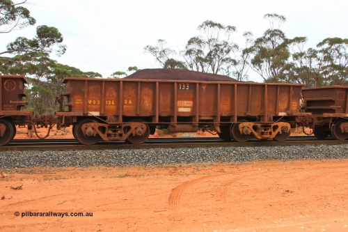 100605 9341
WO type iron ore waggon WO 31242 is one of a batch of eighty six built by WAGR Midland Workshops between 1967 and March 1968 with fleet number 133 for Koolyanobbing iron ore operations, with a 75 ton and 1018 ft³ capacity, Binduli Triangle, loaded with fines, June 5, 2010. This unit was converted to WOC for coal in 1986 till 1994 when it was re-classed back to WO.
Keywords: WO-type;WO31242;WAGR-Midland-WS;