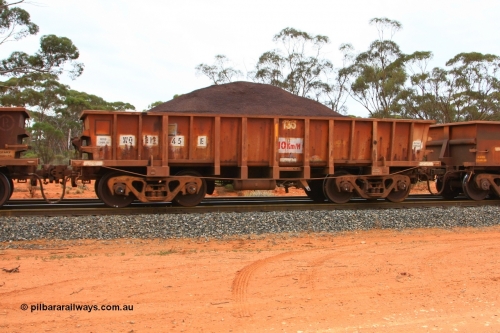 100605 9347
WO type iron ore waggon WO 31245 is one of a batch of sixty two built by Goninan WA between April and August 2000 with serial number 950086-007 and fleet number 136 for Koolyanobbing iron ore operations, and is a Goninan built replacement WO type waggon that replaces the original WAGR built WO type waggon with the newer style WOD type and has square features opposed to the curved ones as on the original WO class, Binduli Triangle, loaded with fines, June 5, 2010.
Keywords: WO-type;WO31245;Goninan-WA;950086-007;