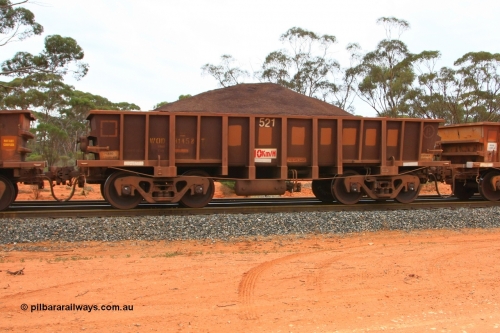 100605 9348
WOD type iron ore waggon WOD 31458 is one of a batch of sixty two built by Goninan WA between April and August 2000 with serial number 950086-030 and fleet number 521 for Koolyanobbing iron ore operations with a 75 ton capacity for Portman Mining to cart their Koolyanobbing iron ore to Esperance, now with PORTMAN painted out, Binduli Triangle, loaded with fines, June 5, 2010.
Keywords: WOD-type;WOD31458;Goninan-WA;950086-030;