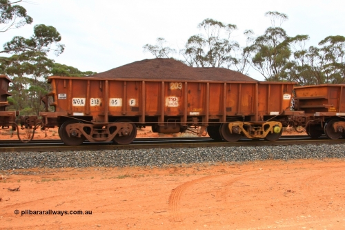 100605 9351
WOA type iron ore waggon WOA 31305 is one of a batch of thirty nine built by WAGR Midland Workshops between 1970 and 1971 with fleet number 203 for Koolyanobbing iron ore operations, with a 75 ton and 1018 ft³ capacity, Binduli Triangle, loaded with fines, June 5, 2010.
Keywords: WOA-type;WOA31305;WAGR-Midland-WS;