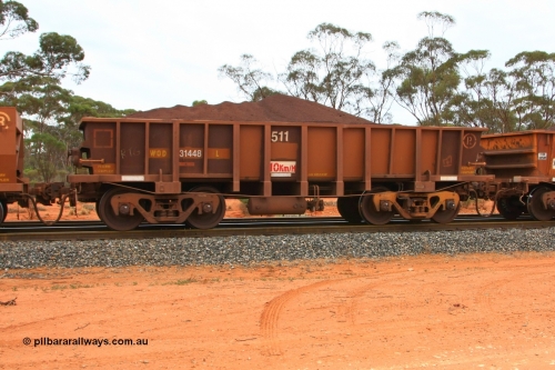 100605 9352
WOD type iron ore waggon WOD 31448 is one of a batch of sixty two built by Goninan WA between April and August 2000 with serial number 950086-020 and fleet number 511 for Koolyanobbing iron ore operations with a 75 ton capacity for Portman Mining to cart their Koolyanobbing iron ore to Esperance, now with PORTMAN painted out, Binduli Triangle, loaded with fines, June 5, 2010.
Keywords: WOD-type;WOD31448;Goninan-WA;950086-020;