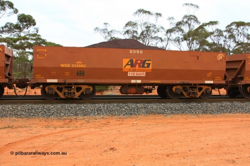 100605 9353
WOE type iron ore waggon WOE 33498 is one of a batch of one hundred and twenty eight built by United Group Rail WA between August 2008 and March 2009 with serial number 950211-038 and fleet number 8996 for Koolyanobbing iron ore operations, with ARG decal, build date of 10/2008 and revised load of 82.5 tonnes, seen here Binduli Triangle June 5, 2010.
Keywords: WOE-type;WOE33498;United-Group-Rail-WA;950211-038;