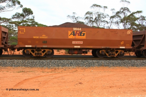 100605 9355
WOE type iron ore waggon WOE 33553 is one of a batch of one hundred and twenty eight built by United Group Rail WA between August 2008 and March 2009 with serial number 950211-093 and fleet number 9044 for Koolyanobbing iron ore operations, seen here Binduli Triangle June 5, 2010.
Keywords: WOE-type;WOE33553;United-Group-Rail-WA;950211-093;