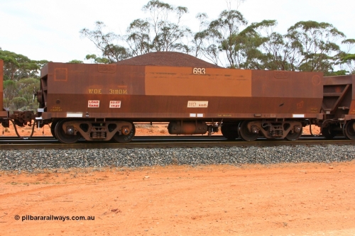 100605 9357
WOE type iron ore waggon WOE 31110 is one of a batch of one hundred and thirty built by Goninan WA between March and August 2001 with serial number 950092-100 and fleet number 693 for Koolyanobbing iron ore operations, seen here Binduli Triangle June 5, 2010.
Keywords: WOE-type;WOE31110;Goninan-WA;950092-100;