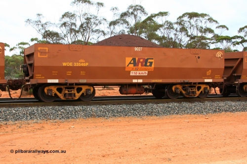 100605 9358
WOE type iron ore waggon WOE 33546 is one of a batch of one hundred and twenty eight built by United Group Rail WA between August 2008 and March 2009 with serial number 950211-086 and fleet number 9027 for Koolyanobbing iron ore operations, seen here Binduli Triangle June 5, 2010.
Keywords: WOE-type;WOE33546;United-Group-Rail-WA;950211-086;