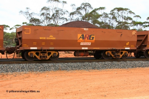 100605 9359
WOE type iron ore waggon WOE 33540 is one of a batch of one hundred and twenty eight built by United Group Rail WA between August 2008 and March 2009 with serial number 950211-080 and fleet number 9035 for Koolyanobbing iron ore operations, seen here Binduli Triangle June 5, 2010.
Keywords: WOE-type;WOE33540;United-Group-Rail-WA;950211-080;
