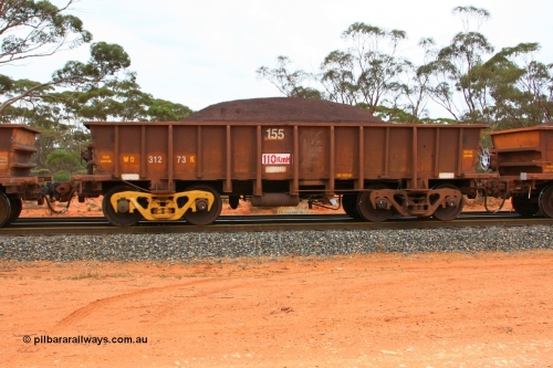 100605 9361
WO type iron ore waggon WO 31273 is one of a batch of eighty six built by WAGR Midland Workshops between 1967 and March 1968 with fleet number 155 for Koolyanobbing iron ore operations, with a 75 ton and 1018 ft³ capacity, Binduli Triangle, loaded with fines, June 5, 2010. This unit was converted to WOC for coal in 1986 till 1994 when it was re-classed back to WO.
Keywords: WO-type;WO31273;WAGR-Midland-WS;