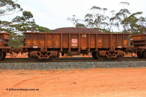 100605 9363
WO type iron ore waggon WO 31223 is one of a batch of eighty six built by WAGR Midland Workshops between 1967 and March 1968 with fleet number 118 for Koolyanobbing iron ore operations, with a 75 ton and 1018 ft³ capacity, Binduli Triangle, loaded with fines, June 5, 2010. This unit was converted to WOC for coal in 1986 till 1994 when it was re-classed back to WO.
Keywords: WO-type;WO31223;WAGR-Midland-WS;