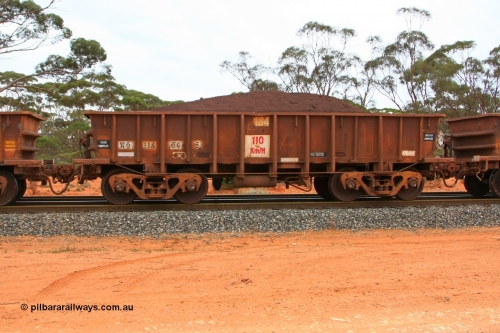 100605 9364
WO type iron ore waggon WO 31406 is one of a batch of eleven replacement waggons built by WAGR Midland Workshops between 1970 and 1971 with fleet number 184 for Koolyanobbing iron ore operations, with a 75 ton and 1018 ft³ capacity, Binduli Triangle, loaded with fines, June 5, 2010.
Keywords: WO-type;WO31406;WAGR-Midland-WS;