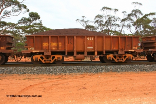 100605 9368
WOC type iron ore waggon WOC 31357 is one of a batch of thirty built by Goninan WA between October 1997 to January 1998 with fleet number 417 for Koolyanobbing iron ore operations with a 75 ton capacity and lettered for KIPL, Koolyanobbing Iron Pty Ltd with only the K left, Binduli Triangle loaded with fines, June 5, 2010.
Keywords: WOC-type;WOC31357;Goninan-WA;