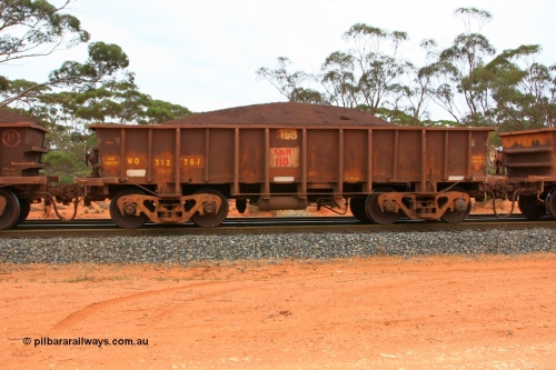 100605 9373
WO type iron ore waggon WO 31278 is one of a batch of eighty six built by WAGR Midland Workshops between 1967 and March 1968 with fleet number 158 for Koolyanobbing iron ore operations, with a 75 ton and 1018 ft³ capacity, Binduli Triangle, loaded with fines, June 5, 2010. This unit was converted to WOC for coal in 1986 till 1994 when it was re-classed back to WO.
Keywords: WO-type;WO31278;WAGR-Midland-WS;