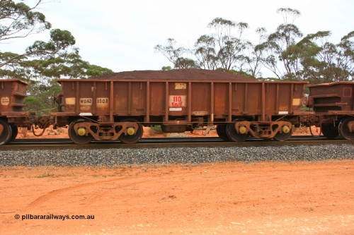 100605 9375
WOA type iron ore waggon WOA 31308 is one of a batch of thirty nine built by WAGR Midland Workshops between 1970 and 1971 with fleet number for Koolyanobbing iron ore operations, with a 75 ton and 1018 ft³ capacity, Binduli Triangle, loaded with fines, June 5, 2010.
Keywords: WOA-type;WOA31308;WAGR-Midland-WS;