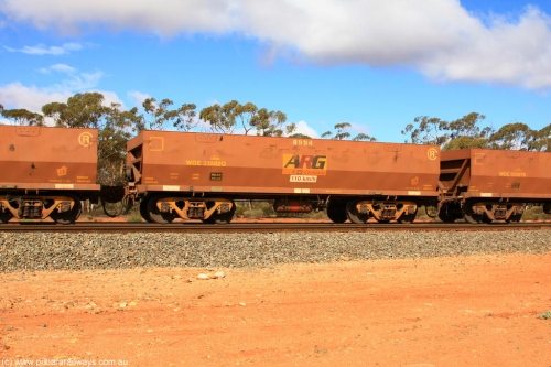 100729 01486
WOE type iron ore waggon WOE 33502 is one of a batch of one hundred and twenty eight built by United Group Rail WA between August 2008 and March 2009 with serial number 950211-042 and fleet number 8994 for Koolyanobbing iron ore operations, with ARG decal, build date of 10/2008 and revised load of 82.5 tonnes, Binduli July 29, 2010.
Keywords: WOE-type;WOE33502;United-Group-Rail-WA;950211-042;