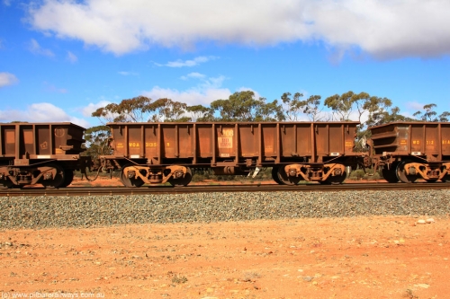 100729 01494
WOA type iron ore waggon WOA 31315 is one of a batch of thirty nine built by WAGR Midland Workshops between 1970 and 1971 with fleet number 208 for Koolyanobbing iron ore operations, with a 75 ton and 1018 ft³ capacity, Binduli Triangle, July 29, 2010.
Keywords: WOA-type;WOA31315;WAGR-Midland-WS;