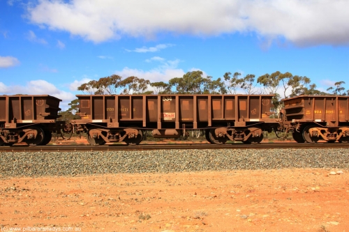 100729 01495
WOD type iron ore waggon WOD 31471 is one of a batch of sixty two built by Goninan WA between April and August 2000 with serial number 950086-043 and fleet number 534 for Koolyanobbing iron ore operations with a 75 ton capacity for Portman Mining to cart their Koolyanobbing iron ore to Esperance, now with PORTMAN painted out, Binduli Triangle, July 29, 2010.
Keywords: WOD-type;WOD31471;Goninan-WA;950086-043;