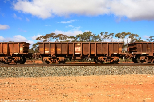 100729 01497
WO type iron ore waggon WO 31278 is one of a batch of eighty six built by WAGR Midland Workshops between 1967 and March 1968 with fleet number 158 for Koolyanobbing iron ore operations, with a 75 ton and 1018 ft³ capacity, Binduli Triangle, July 29, 2010. This unit was converted to WOC for coal in 1986 till 1994 when it was re-classed back to WO.
Keywords: WO-type;WO31278;WAGR-Midland-WS;