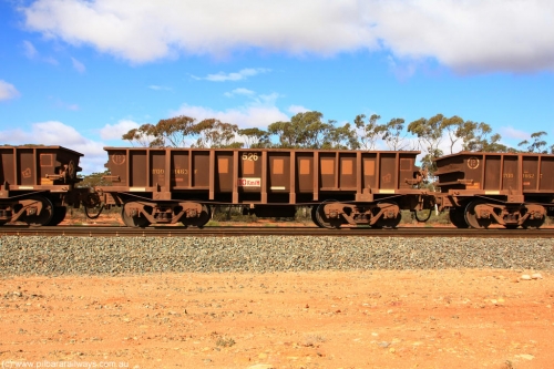 100729 01506
WOD type iron ore waggon WOD 31463 is one of a batch of sixty two built by Goninan WA between April and August 2000 with serial number 950086-035 and fleet number 526 for Koolyanobbing iron ore operations with a 75 ton capacity for Portman Mining to cart their Koolyanobbing iron ore to Esperance, now with PORTMAN painted out, Binduli Triangle, July 29, 2010.
Keywords: WOD-type;WOD31463;Goninan-WA;950086-035;