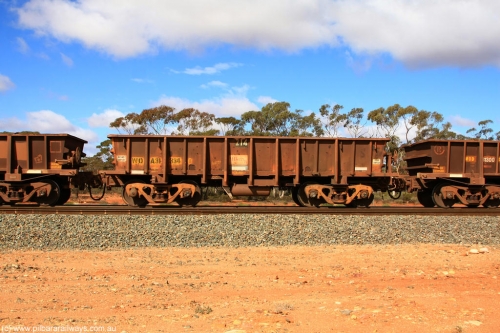 100729 01508
WOA type iron ore waggon WOA 31334 is one of a batch of thirty nine built by WAGR Midland Workshops between 1970 and 1971 with fleet number 214 for Koolyanobbing iron ore operations, with a 75 ton and 1018 ft³ capacity, at Binduli Triangle, July 29, 2010.
Keywords: WOA-type;WOA31334;WAGR-Midland-WS;