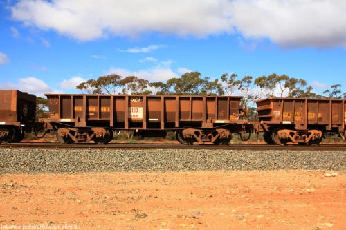100729 01509
WOD type iron ore waggon WOD 31466 is one of a batch of sixty two built by Goninan WA between April and August 2000 with serial number 950086-038 and fleet number 529 for Koolyanobbing iron ore operations with a 75 ton capacity for Portman Mining to cart their Koolyanobbing iron ore to Esperance, now with PORTMAN painted out, Binduli Triangle, July 29, 2010.
Keywords: WOD-type;WOD31466;Goninan-WA;950086-038;