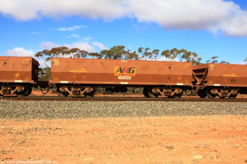100729 01514
WOE type iron ore waggon WOE 33539 is one of a batch of one hundred and twenty eight built by United Group Rail WA between August 2008 and March 2009 with serial number 950211-079 and fleet number 9032 for Koolyanobbing iron ore operations, seen here Binduli Triangle July 29, 2010.
Keywords: WOE-type;WOE33539;United-Group-Rail-WA;950211-079;