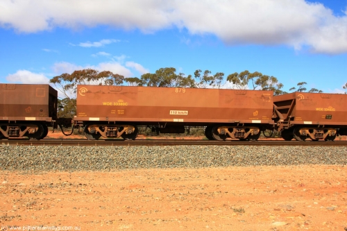 100729 01519
WOE type iron ore waggon WOE 33380 is one of a batch of one hundred and forty one built by United Group Rail WA between November 2005 and April 2006 with serial number 950142-085 and fleet number 879 for Koolyanobbing iron ore operations, with PORTMAN painted out and load revised down to 82.5 tonnes. Binduli Triangle July 29, 2010.
Keywords: WOE-type;WOE33380;United-Group-Rail-WA;950142-085;