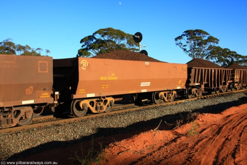 100731 02276
WOE type iron ore waggon WOE 33560 is one of a batch of one hundred and twenty eight built by United Group Rail WA between August 2008 and March 2009 with serial number 950211-100 and fleet number 9050 for Koolyanobbing iron ore operations, on loaded train 6413 at Binduli Triangle, July 31, 2010.
Keywords: WOE-type;WOE33560;United-Group-Rail-WA;950211-100;
