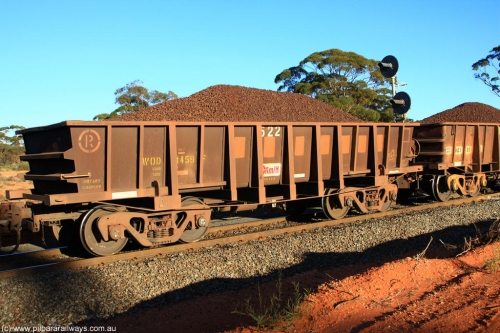 100731 02277
WOD type iron ore waggon WOD 31459 is one of a batch of sixty two built by Goninan WA between April and August 2000 with serial number 950086-031 and fleet number 522 for Koolyanobbing iron ore operations with a 75 ton capacity build date 06/2000, for Portman Mining to cart their Koolyanobbing iron ore to Esperance, now with PORTMAN painted out, on loaded train 6413 at Binduli Triangle, July 31, 2010.
Keywords: WOD-type;WOD31459;Goninan-WA;950086-031;