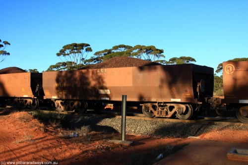100731 02281
WOE type iron ore waggon WOE 31065 is one of a batch of one hundred and thirty built by Goninan WA between March and August 2001 with serial number 950092-055 and fleet number 651 for Koolyanobbing iron ore operations, on loaded train 6413 at Binduli Triangle, July 31, 2010.
Keywords: WOE-type;WOE31065;Goninan-WA;950092-055;