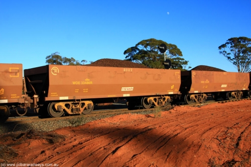 100731 02292
WOE type iron ore waggon WOE 33486 is one of a batch of one hundred and twenty eight built by United Group Rail WA between August 2008 and March 2009 with serial number 950211-??? and fleet number 8987 for Koolyanobbing iron ore operations, on loaded train 6413 at Binduli Triangle, July 31, 2010.
Keywords: WOE-type;WOE33486;United-Group-Rail-WA;