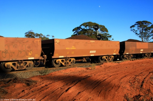 100731 02294
WOE type iron ore waggon WOE 33490 is one of a batch of one hundred and twenty eight built by United Group Rail WA between August 2008 and March 2009 with serial number 950211-030 and fleet number 8984 for Koolyanobbing iron ore operations, on loaded train 6413 at Binduli Triangle, July 31, 2010.
Keywords: WOE-type;WOE33490;United-Group-Rail-WA;950211-030;