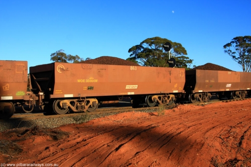 100731 02303
WOE type iron ore waggon WOE 33364 is one of a batch of one hundred and forty one built by United Goninan WA between November 2005 and April 2006 with serial number 950142-069 and fleet number 863 for Koolyanobbing iron ore operations, on loaded train 6413 at Binduli Triangle, July 31, 2010.
Keywords: WOE-type;WOE33364;United-Goninan-WA;950142-069;
