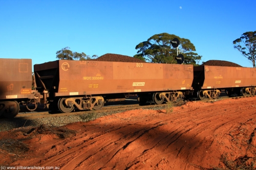 100731 02320
WOE type iron ore waggon WOE 33304 is one of a batch of one hundred and forty one built by United Goninan WA between November 2005 and April 2006 with serial number 950142-009 and fleet number 803 for Koolyanobbing iron ore operations, on loaded train 6413 at Binduli Triangle, July 31, 2010.
Keywords: WOE-type;WOE33304;United-Goninan-WA;950142-009;