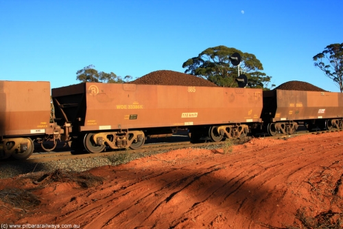 100731 02329
WOE type iron ore waggon WOE 33386 is one of a batch of one hundred and forty one built by United Group Rail WA between November 2005 and April 2006 with serial number 950142-091 and fleet number 885 for Koolyanobbing iron ore operations, on loaded train 6413 at Binduli Triangle, 31st July 2010.
Keywords: WOE-type;WOE33386;United-Group-Rail-WA;950142-091;