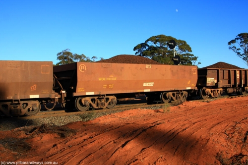 100731 02335
WOE type iron ore waggon WOE 33313 is one of a batch of one hundred and forty one built by United Goninan WA between November 2005 and April 2006 with serial number 950142-018 and fleet number 812 for Koolyanobbing iron ore operations, on loaded train 6413 at Binduli Triangle, July 31, 2010.
Keywords: WOE-type;WOE33313;United-Goninan-WA;950142-018;
