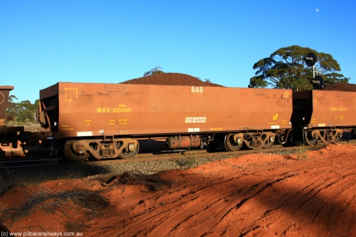 100731 02364
WOE type iron ore waggon WOE 33349 is one of a batch of one hundred and forty one built by United Goninan WA between November 2005 and April 2006 with serial number 950142-054 and fleet number 848 for Koolyanobbing iron ore operations, on loaded train 6413 at Binduli Triangle, 31st July 2010.
Keywords: WOE-type;WOE33349;United-Goninan-WA;950142-054;