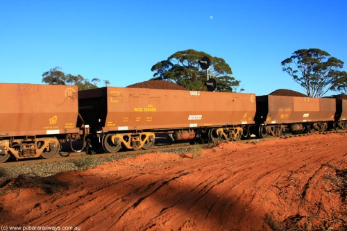 100731 02369
WOE type iron ore waggon WOE 33586 is one of a batch of one hundred and twenty eight built by United Group Rail WA between August 2008 and March 2009 with serial number 950211-126 and fleet number 9083 for Koolyanobbing iron ore operations, on loaded train 6413 at Binduli Triangle, July 31, 2010.
Keywords: WOE-type;WOE33586;United-Group-Rail-WA;950211-126;