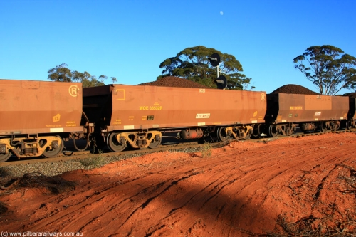 100731 02374
WOE type iron ore waggon WOE 33532 is one of a batch of one hundred and twenty eight built by United Group Rail WA between August 2008 and March 2009 with serial number 950211-072 and fleet number 9025 for Koolyanobbing iron ore operations, on loaded train 6413 at Binduli Triangle, July 31, 2010.
Keywords: WOE-type;WOE33532;United-Group-Rail-WA;950211-072;