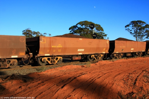 100731 02379
WOE type iron ore waggon WOE 33581 is one of a batch of one hundred and twenty eight built by United Group Rail WA between August 2008 and March 2009 with serial number 950211-121 and fleet number 9084 for Koolyanobbing iron ore operations, on loaded train 6413 at Binduli Triangle, 31st July 2010.
Keywords: WOE-type;WOE33581;United-Group-Rail-WA;950211-121;