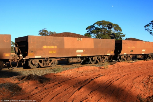 100731 02390
WOE type iron ore waggon WOE 30251 is leader of a batch of one hundred and thirty built by Goninan WA between March and August 2001 with serial number 950092-001 and fleet number 601 for Koolyanobbing iron ore operations, on loaded train 6413 at Binduli Triangle, 31st July 2010.
Keywords: WOE-type;WOE30251;Goninan-WA;950092-001;