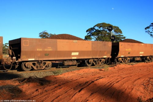 100731 02393
WOE type iron ore waggon WOE 30269 is one of a batch of one hundred and thirty built by Goninan WA between March and August 2001 with serial number 950092-019 and fleet number 613 for Koolyanobbing iron ore operations, on loaded train 6413 at Binduli Triangle, 31st July 2010.
Keywords: WOE-type;WOE30269;Goninan-WA;950092-019;
