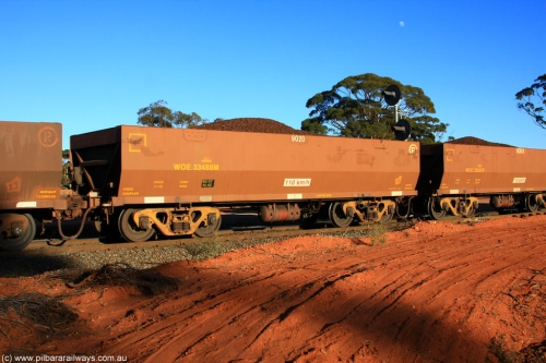 100731 02397
WOE type iron ore waggon WOE 33488 is one of a batch of one hundred and twenty eight built by United Group Rail WA between August 2008 and March 2009 with serial number 950211-028 and fleet number 9020 for Koolyanobbing iron ore operations, on loaded train 6413 at Binduli Triangle, July 31, 2010.
Keywords: WOE-type;WOE33488;United-Group-Rail-WA;950211-028;