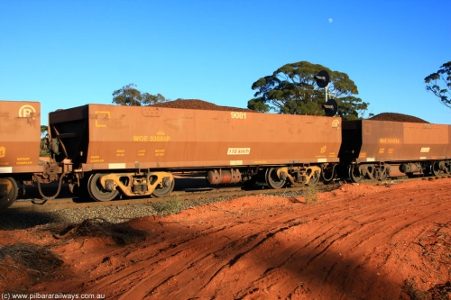 100731 02398
WOE type iron ore waggon WOE 33585 is one of a batch of one hundred and twenty eight built by United Group Rail WA between August 2008 and March 2009 with serial number 950211-125 and fleet number 9081 for Koolyanobbing iron ore operations, on loaded train 6413 at Binduli Triangle, July 31, 2010.
Keywords: WOE-type;WOE33585;United-Group-Rail-WA;950211-125;