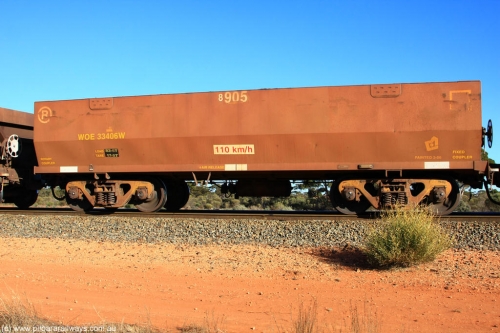 100731 02415
WOE type iron ore waggon WOE 33406 is one of a batch of one hundred and forty one built by United Group Rail WA between November 2005 and April 2006 with serial number 950142-111 and fleet number 8905 for Koolyanobbing iron ore operations, on empty train 6418 at Binduli Triangle, July 31, 2010.
Keywords: WOE-type;WOE33406;United-Group-Rail-WA;950142-111;